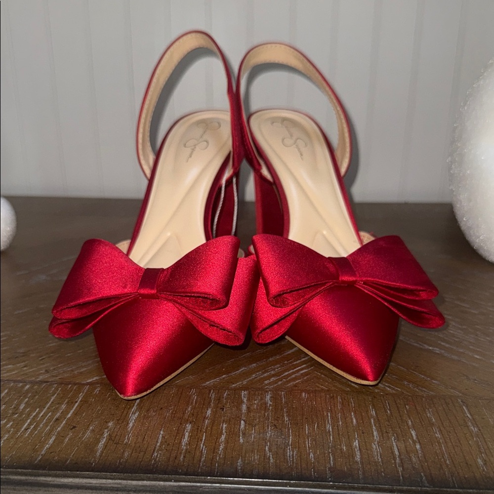 Jessica Simpson Red Satin Pointed Bow Slingback Heels